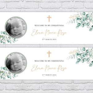 2 x Personalised Gold Eucalyptus Photo Christening / Baptism Banners