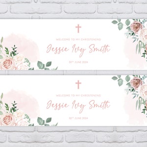 2 x Personalised Peach, Beige Roses Baptism, Christening, Dedication, Holy Communion or Naming Day Banners