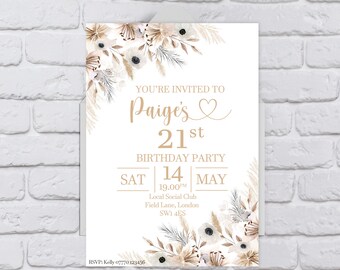 Könnte beinhalten: Eine weiße Einladungskarte mit floralen und botanischen Illustrationen in Beige- und Brauntönen. Der Text lautet "You're invited to Paige's 21st Birthday Party" mit Veranstaltungsdetails. RSVP-Informationen befinden sich unten.