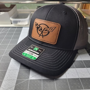 Corvette custom mesh back snapback cap leather patch style hat cap trucker black/grey