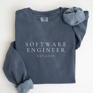 May include: A dark blue sweatshirt with the text "SOFTWARE ENGINEER EST. 2025" in white.