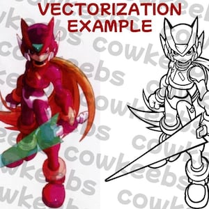May include: Illustration of a character in a red and white suit, holding a sword with a green and blue blade. The character has a helmet with white accents and long orange hair. The text "VECTORIZATION EXAMPLE" is at the top.