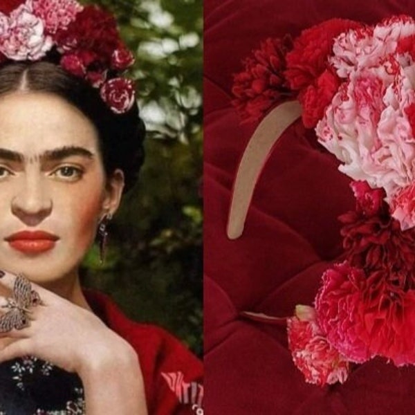 Frida Kahlo Kopfschmuck mit Nelken in Rot und Rosatönen