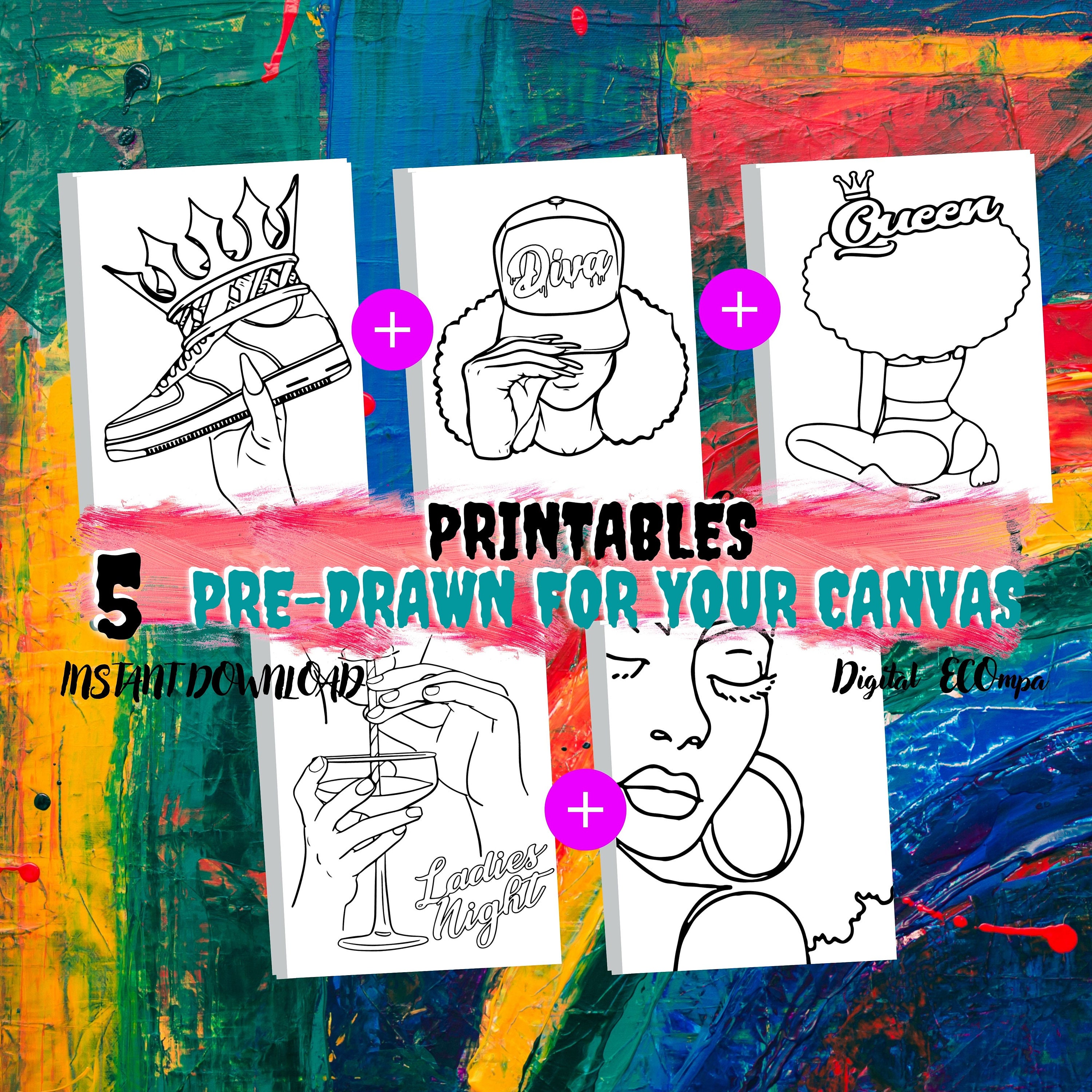 5 Woman Paint and Sip Canvas Printables Predrawn Stencil for - Etsy