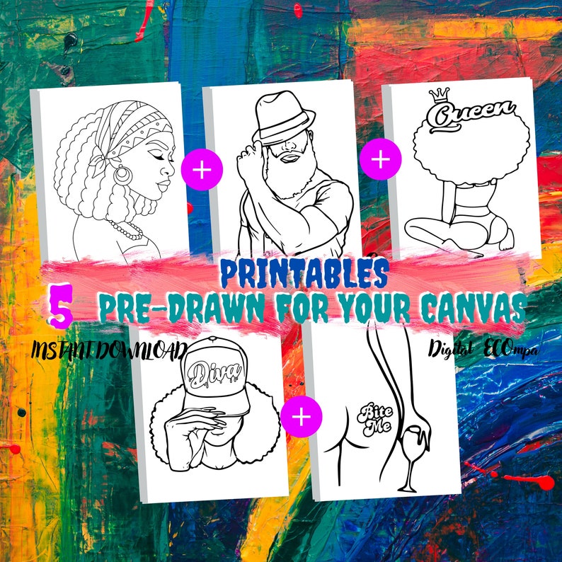 5 Paint and Sip Canvas Diy Paint Kits Pre Drawn Outline Canvas Etsy