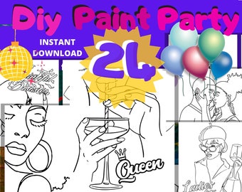 24 Paint and Sip Diy Paint kits Pre drawn Outline Canvas Adult Painting Pre Sketched Art Party Drawing for canvas. PNG