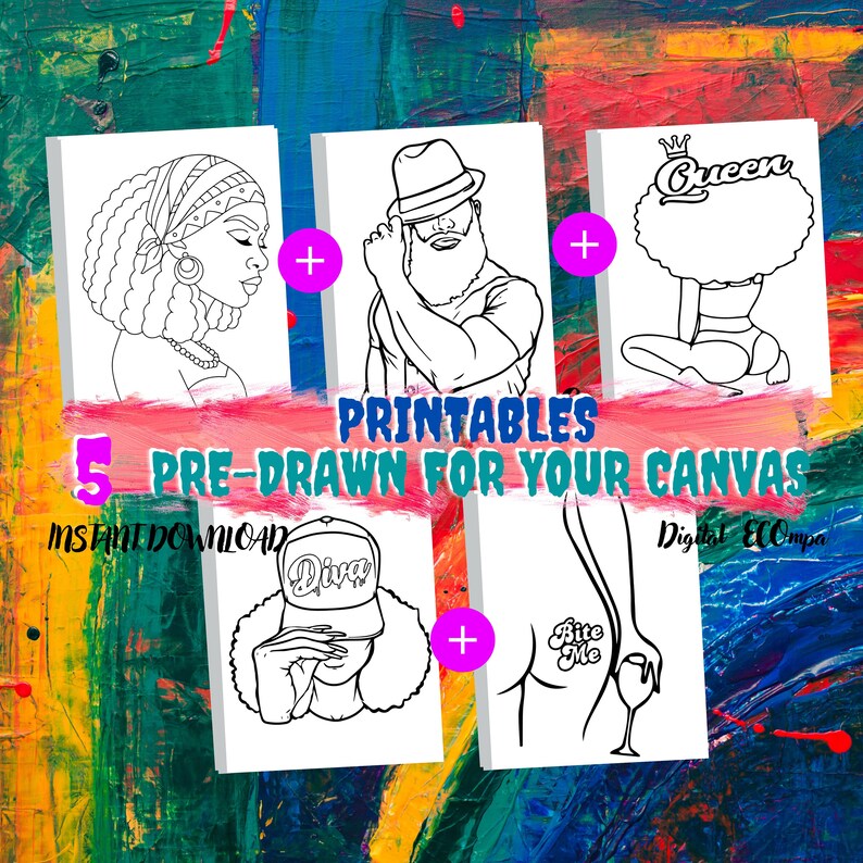 5 Paint and Sip Canvas Diy Paint Kits Pre Drawn Outline Canvas Etsy