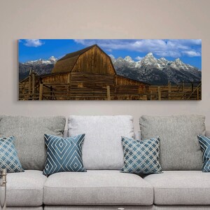 Tetons barn panoramic picture on canvas and metal, Old barn in Wyoming, Moulton barn in Tetons, Teton National park, Grand Teton,