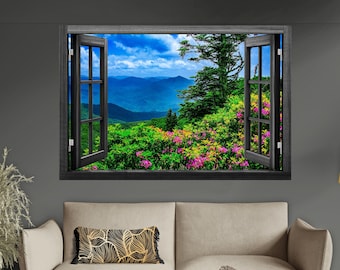 Offenes Fenster zu den Blue Ridge Mountains im Frühsommer, North Carolina Kunst, Smoky Mountains Leinwand, Appalachia, Wildblumen Druck