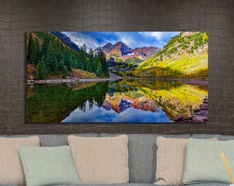 Maroon Bells panorama, Aspen Colorado art, autumn colors at Maroon Bells, autumn decor, Colorado wall art, triptych, fall decor
