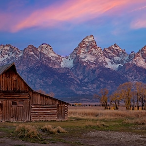 Morning soft light at Tetons old barn, Grand Teton art, Teton National park, old barn painting, mountain photography, Wyoming photography