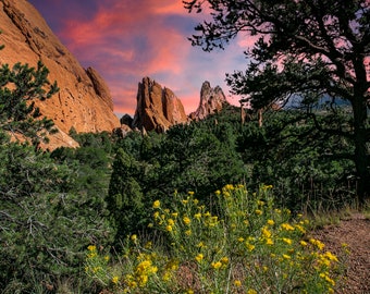 Garden of the god's at sunset, Colorado Springs, Colorado wall art, Sunset, Colorado Springs, Colorado