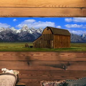 Tetons Barn Panoramic Picture | Large Grand Teton Print on Canvas | Mormon Row Barn Triptych Art for Teton National Park Decor