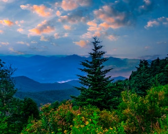 Blue ridge mountains picture at sunrise, smoky mountains, Appalachia, farmhouse decor, North Carolina landscape