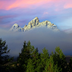 Tetons in morning fog, Grand Teton art, Teton National park at sunrise, Grand Tetons, mountains, Rocky mountains, Wyoming photography