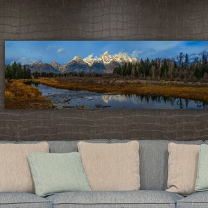 Tetons panoramic landscape, large Grand Teton print, Wyoming art, Teton mountains on canvas, Teton National park canvas metal acrylic