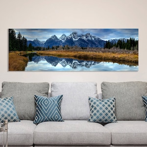 Tetons panoramic picture on canvas and metal, Teton mountains, landscape photo of Tetons, Teton National park, Grand Teton, Rocky Mountains