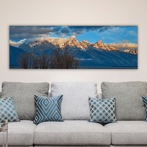Tetons panoramic canvas picture, Wyoming art, sunrise in the Tetons, Teton National park, Grand Teton, large Rocky Mountain picture,