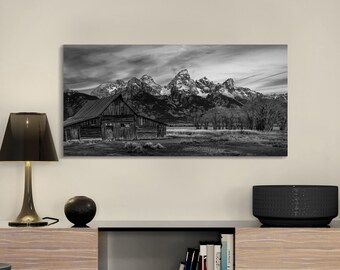 Tetons barn black and white picture, Wyoming wall art, national park landscape photography