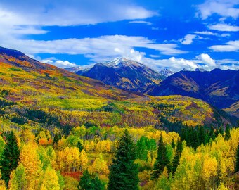 May include: A panoramic view of a mountain range with a valley filled with vibrant yellow, orange, and red fall foliage. The sky is a bright blue with white clouds.