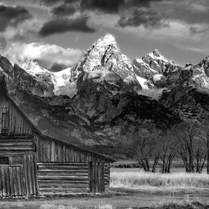 Tetons barn black and white panoramic landscape canvas, Wyoming art, Moulton barn in the Tetons, old barn painting, Tetons National park,
