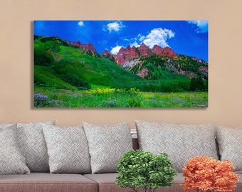 Maroon Bells Colorado Canvas Wall Art: Rocky Mountain Wildflower Landscape