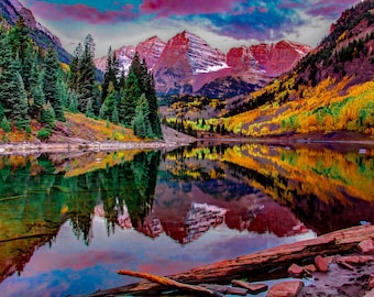 Maroon Bells near Aspen, Maroon Bells photo, Colorado art, autumn canvas, mountain wall art, Aspen art, autumn colors