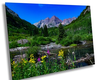 Maroon Bells summer landscape, Aspen Colorado, Colorado wall art, wildflower prints, San Juan mountains, triptych, aspen