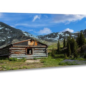 Colorado Mayflower Gulch wall art, Rocky Mountain landscape print, Old mining cabin picture with wildflowers