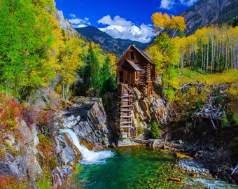 Crystal Mill landscape, fall colors, Aspen Colorado, autumn canvas, mountains, mill, Colorado canvas, autumn colors, autumn decor