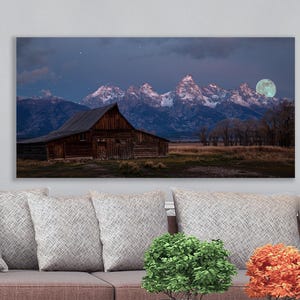 Teton mountains with full moon, Grand Tetons picture, Teton National Park print, Wyoming Tetons and old barn, Mormon row barn