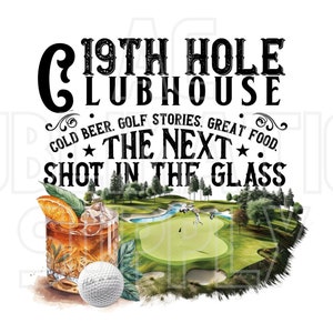 PNG-bestand | Clubhuis 19e hole | 300 dpi | Transparant | Sublimatie | DTF | Zeefdruk | Afdrukbaar | Golfen | Golf | Golfer | Starttijd