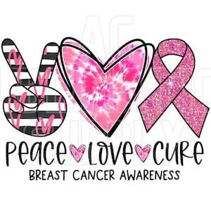 Transferencias de sublimación listas para presionar / Hasta 13" x19" / Peace Love Cure / Concientización sobre el cáncer de mama / Lazo rosa / Sobreviviente / Esperanza / Guerrero