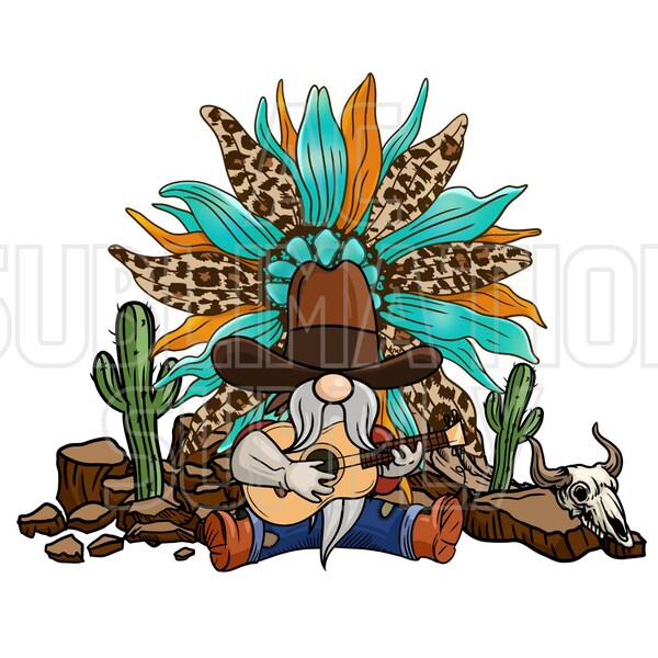 Ready to Press Sublimation Transfers | Up to 13" x19" | Western/Cowboy Gnome Playing Guitar | Sunflower | Turquoise | West | Country | Gnome
