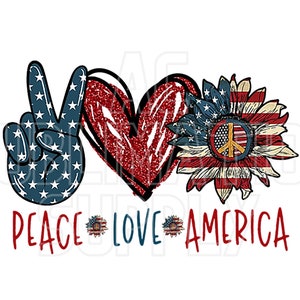 Trasferibili a sublimazione pronti per la stampa / Fino a 13" x 19" / Peace Love America / Girasoli / Sublimazioni colorate / USA / 4 luglio