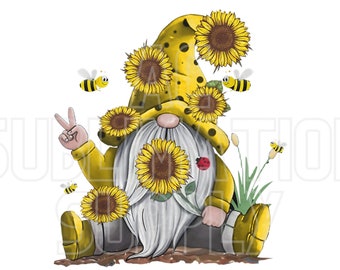 Ready to Press Sublimation Transfers | Up to 13" x19" | Sunflowers and Ladybug Peace Sign Gnome | Gnome | Ladybug | Sunflower | Bee | Peace