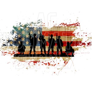 Transferts de sublimation prêts à l&#39;emploi | Jusqu&#39;à 13&quot; x19&quot; | Soldats sur fond de drapeau américain | Patriotique | Troupes | États-Unis | Drapeau américain