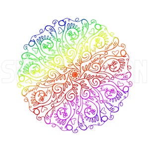 Transferts de sublimation prêts à l'emploi | Jusqu'à 13" x19" | Mandala arc-en-ciel de gros mots | Adulte | Drôle | Sublimations colorées | Coeurs | Lignes