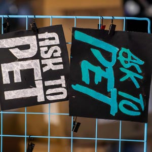 May include: Two black signs with the words "ASK TO PET" in white and teal lettering are clipped to a blue wire grid. The signs are rectangular and have a rough, textured appearance. The background is blurred.