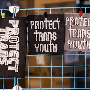May include: Three fabric patches with the text "PROTECT TRANS YOUTH" in white lettering. The patches are black and gray, clipped to a blue wire grid. The text is in a bold, stylized font.