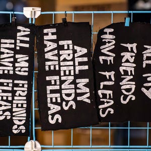 May include: Three black fabric patches with the text "ALL MY FRIENDS HAVE FLEAS" in white lettering. The patches are clipped to a blue wire grid with small black and white clips.