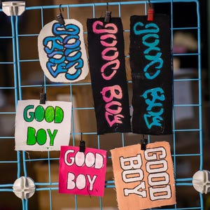 May include: A collection of fabric patches with the words "Good Boy" and "Boss Boy" in various colors and fonts. The patches are attached to a blue wire grid with black clips. The patches are white, black, pink, and orange.