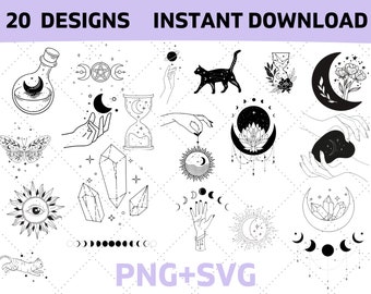 Celestial simple line drawing svg bundle mystical drawing svg svg, mystical cat svg, glass ball svg, mystical crystals SVG & PNG