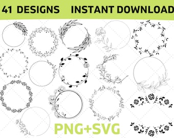 May include: A set of 41 black and white floral wreath designs. The wreaths are made of leaves, flowers, and branches. The designs are perfect for adding a touch of elegance to any project. PNG + SVG.