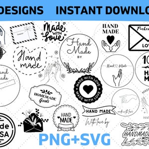 Handritade handgjorda stämplar SVG-paket, handgjorda med kärleksstämplar svg handgjorda av svg-stämplar, tack svg, fylld med kärlek PNG & SVG