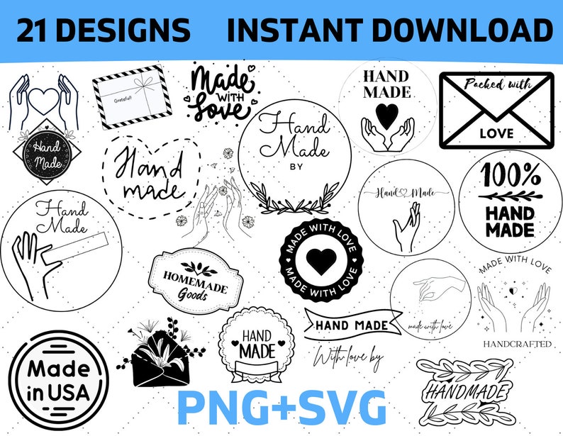 Hand drawn hand made stamps SVG bundle, hand made with love stamps svg handmade by svg stamps, thank you svg, packed with love PNG & SVG image 1
