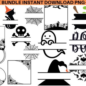 May include: A set of 10 Halloween-themed split monogram designs featuring a variety of spooky elements, including a ghost, a witch's hat, a cauldron, a spider web, and the word "Boo".