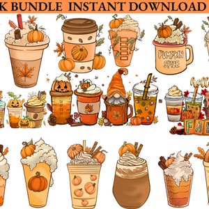 Fall latte PNG, Pumpkin spice  leaves coffee Thanksgiving cozy autumn digital Sublimation design hand Printable file Graphic PNG