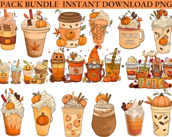 May include: A set of 16 digital illustrations of fall-themed coffee drinks. The drinks are decorated with pumpkins, leaves, and other fall elements. The text "Pumpkin Spice" and "Hello Fall" are included in the illustrations.