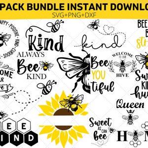 Pode incluir: Um conjunto de 27 arquivos digitais SVG, PNG e DXF com tema de abelhas para artesanato. Os designs incluem abelhas, favos de mel, girassóis e frases inspiradoras como "Bee Kind", "Sweet Kind Humble" e "Welcome to Our Hive".